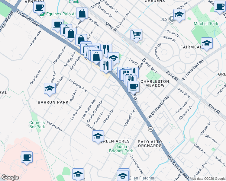 map of restaurants, bars, coffee shops, grocery stores, and more near 4018 Villa Vista in Palo Alto