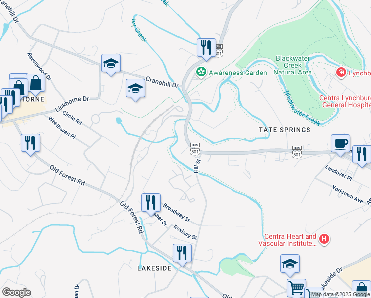 map of restaurants, bars, coffee shops, grocery stores, and more near 2004 Langhorne Road in Lynchburg