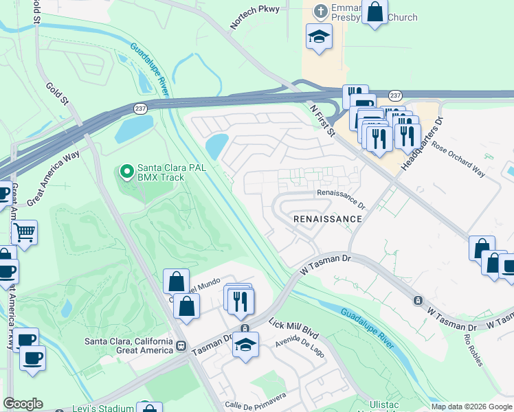 map of restaurants, bars, coffee shops, grocery stores, and more near 4343 Renaissance Drive in San Jose