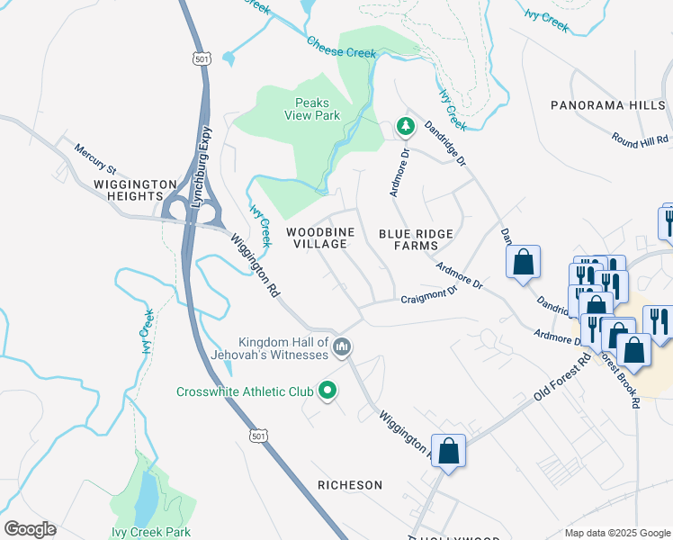 map of restaurants, bars, coffee shops, grocery stores, and more near 1427 Tunbridge Road in Lynchburg