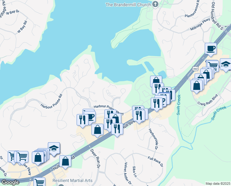 map of restaurants, bars, coffee shops, grocery stores, and more near 19 Spinnaker Cove Drive in Midlothian