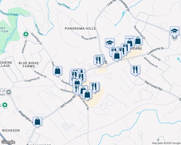 map of restaurants, bars, coffee shops, grocery stores, and more near 3200 Old Forest Road in Lynchburg