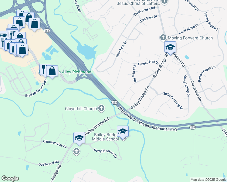 map of restaurants, bars, coffee shops, grocery stores, and more near 12103 King Cotton Lane in Midlothian