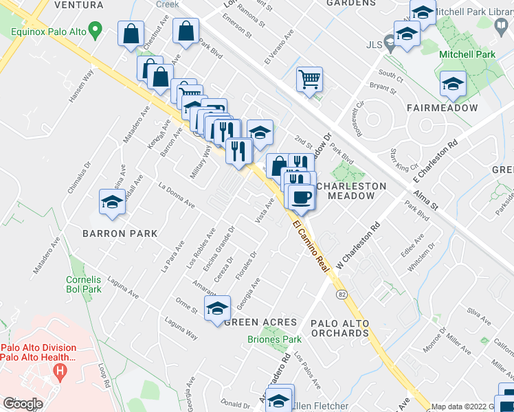 map of restaurants, bars, coffee shops, grocery stores, and more near 4018 Villa Vista in Palo Alto