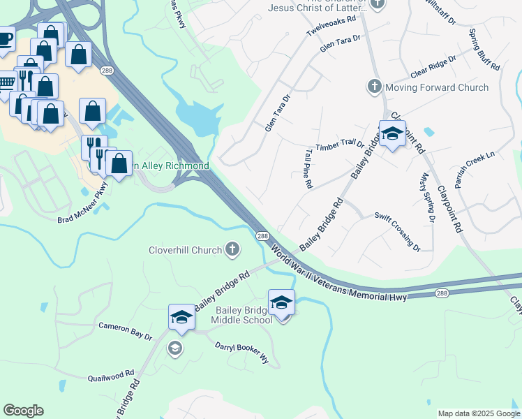 map of restaurants, bars, coffee shops, grocery stores, and more near 12103 King Cotton Lane in Midlothian