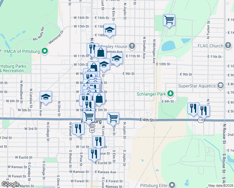 map of restaurants, bars, coffee shops, grocery stores, and more near 305 East 7th Street in Pittsburg