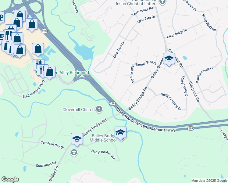 map of restaurants, bars, coffee shops, grocery stores, and more near 12101 King Cotton Court in Midlothian