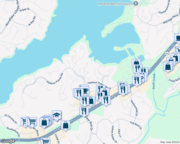 map of restaurants, bars, coffee shops, grocery stores, and more near 5705 Harbour Bluff Terrace in Midlothian