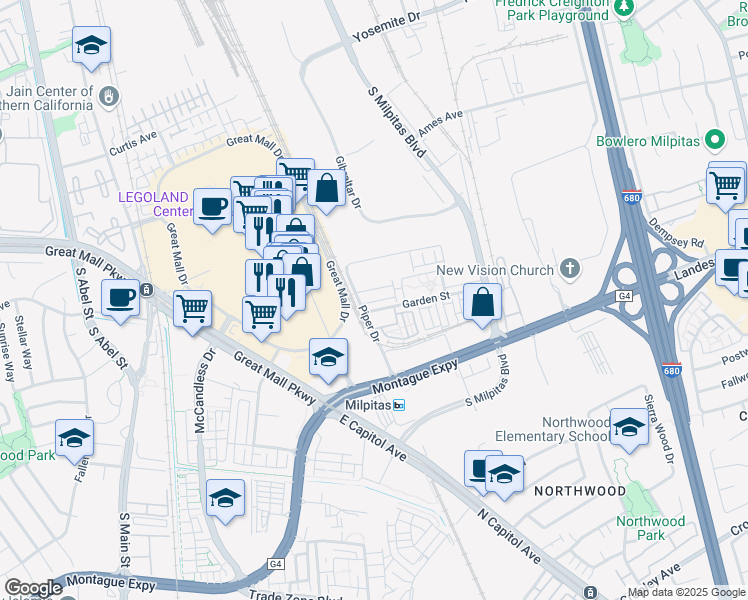 map of restaurants, bars, coffee shops, grocery stores, and more near 500 Amalfi Loop in Milpitas