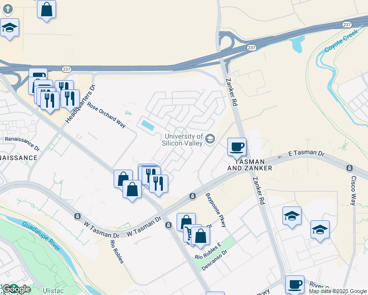 map of restaurants, bars, coffee shops, grocery stores, and more near 208 El Bosque Drive in San Jose