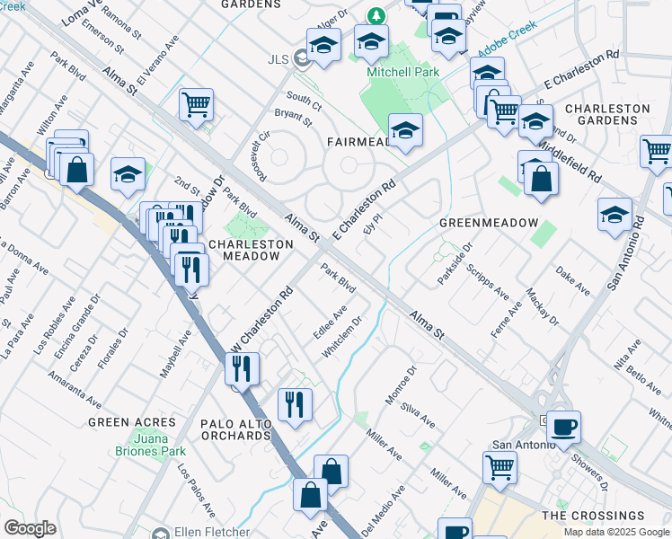 map of restaurants, bars, coffee shops, grocery stores, and more near 4225 Park Boulevard in Palo Alto