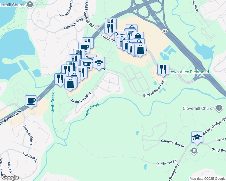 map of restaurants, bars, coffee shops, grocery stores, and more near 12907 Crowne Ridge Loop in Midlothian