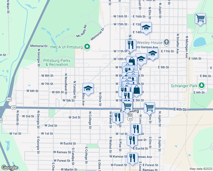 map of restaurants, bars, coffee shops, grocery stores, and more near 306 West 7th Street in Pittsburg