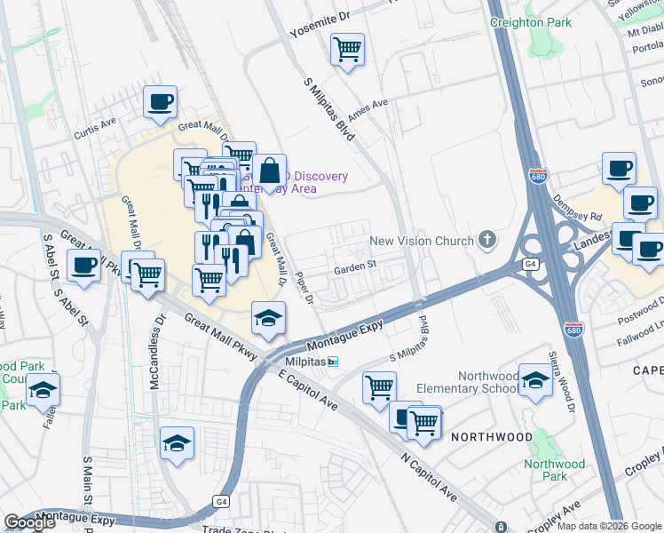 map of restaurants, bars, coffee shops, grocery stores, and more near 1367 Merry Loop in Milpitas