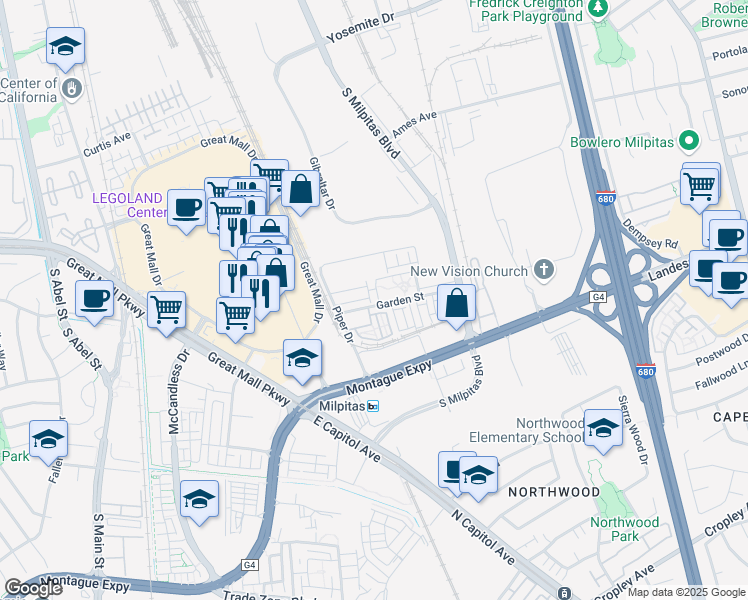 map of restaurants, bars, coffee shops, grocery stores, and more near 1367 Merry Loop in Milpitas