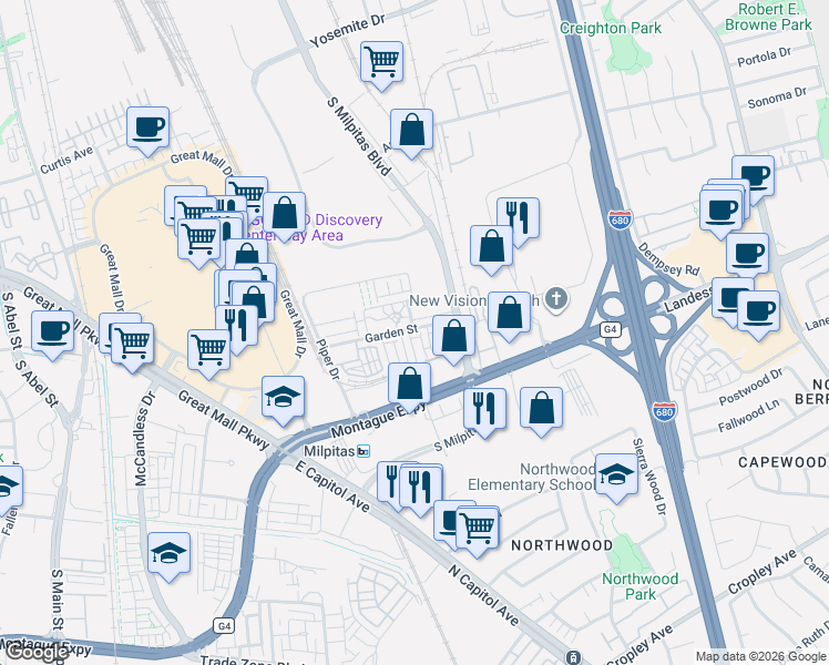 map of restaurants, bars, coffee shops, grocery stores, and more near 855 Pepper Place in Milpitas