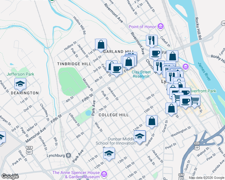 map of restaurants, bars, coffee shops, grocery stores, and more near 808 5th St in Lynchburg