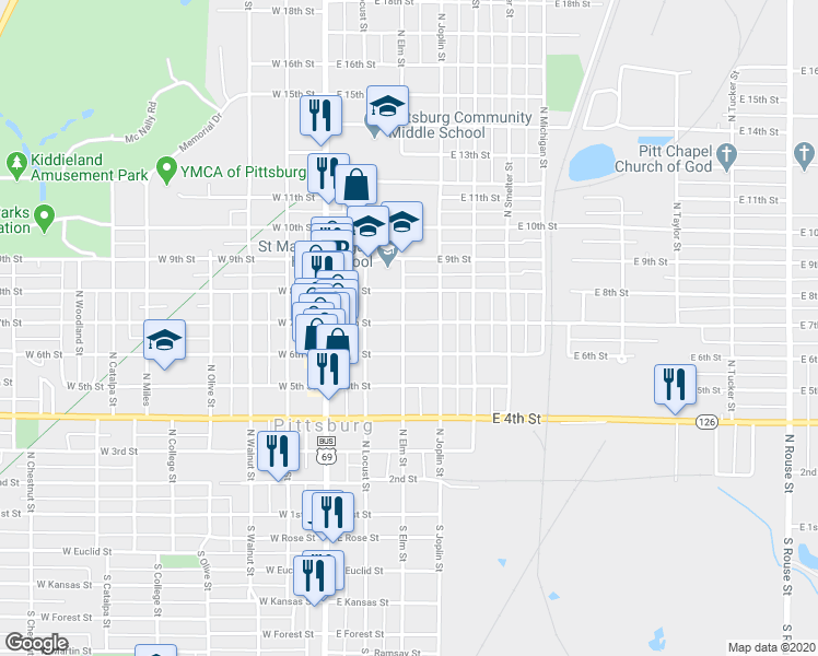 map of restaurants, bars, coffee shops, grocery stores, and more near 305 East 7th Street in Pittsburg