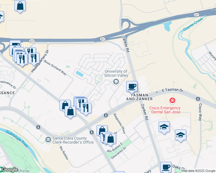 map of restaurants, bars, coffee shops, grocery stores, and more near 208 El Bosque Drive in San Jose