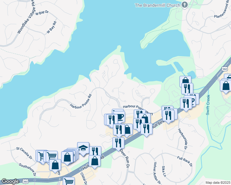 map of restaurants, bars, coffee shops, grocery stores, and more near 5811 Harbour Bluff Terrace in Midlothian