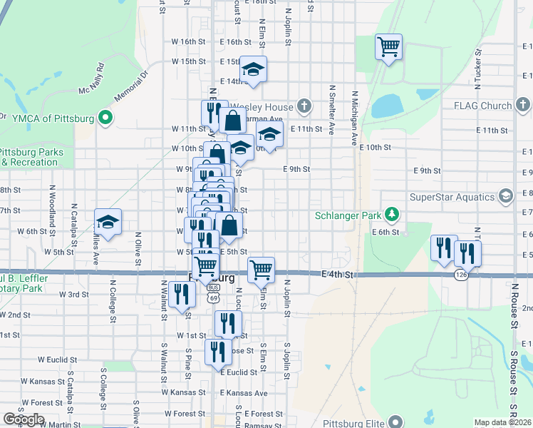 map of restaurants, bars, coffee shops, grocery stores, and more near 305 East 7th Street in Pittsburg