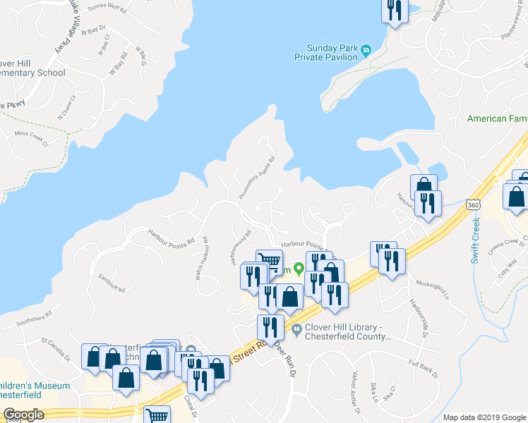 map of restaurants, bars, coffee shops, grocery stores, and more near 5811 Harbour Bluff Terrace in Midlothian