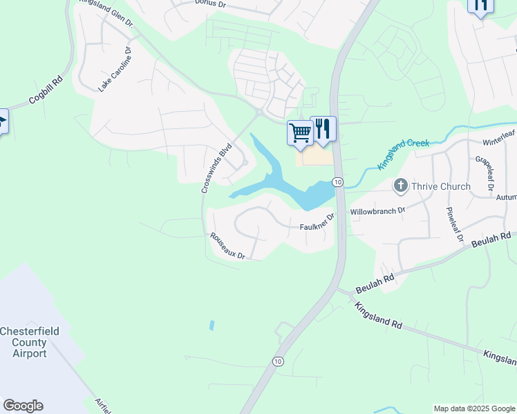 map of restaurants, bars, coffee shops, grocery stores, and more near 6473 Faulkner Drive in Chesterfield