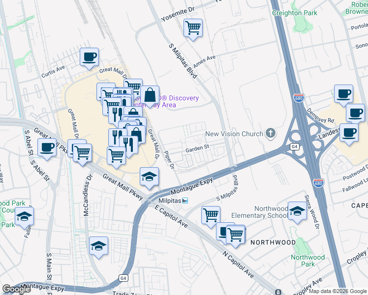 map of restaurants, bars, coffee shops, grocery stores, and more near 1365 Merry Loop in Milpitas