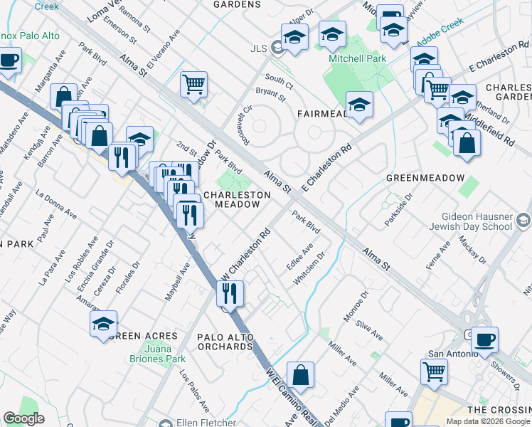 map of restaurants, bars, coffee shops, grocery stores, and more near 273 Tennessee Lane in Palo Alto