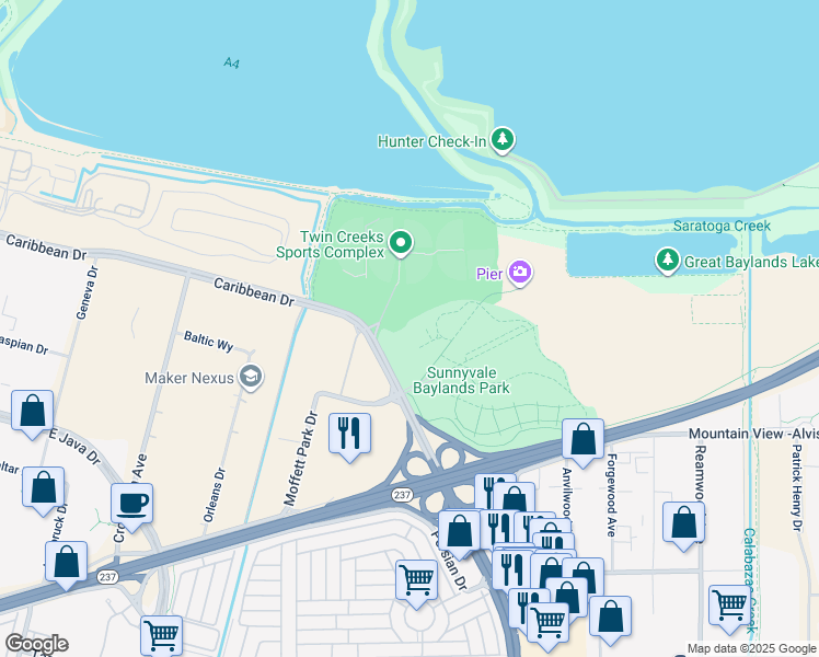 map of restaurants, bars, coffee shops, grocery stores, and more near 999 East Caribbean Drive in Sunnyvale