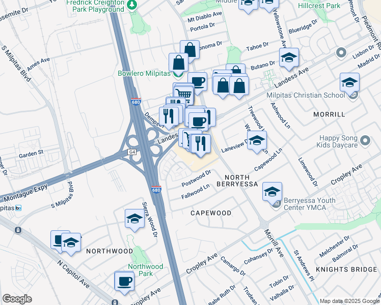 map of restaurants, bars, coffee shops, grocery stores, and more near 2155 Morrill Avenue in San Jose