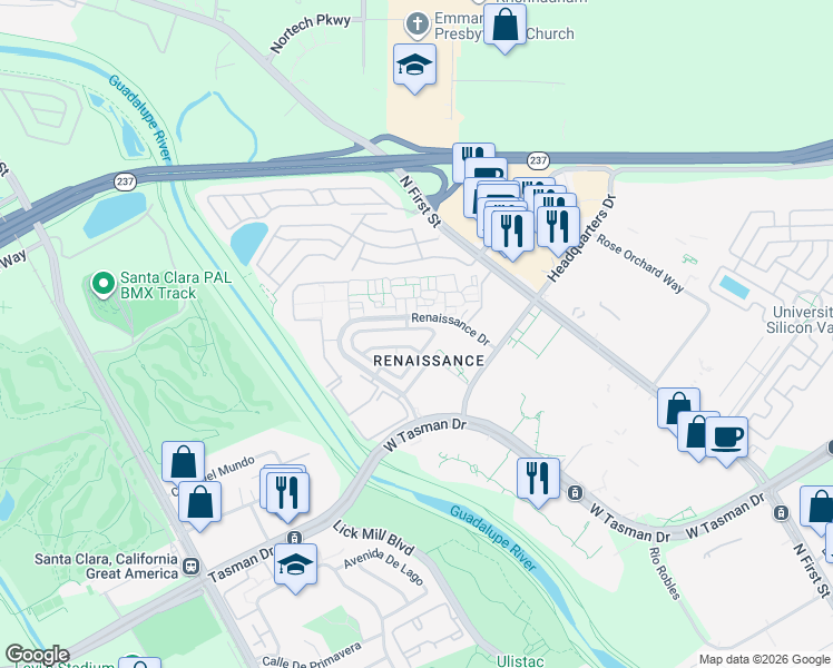 map of restaurants, bars, coffee shops, grocery stores, and more near 4324 Verdigris Circle in San Jose