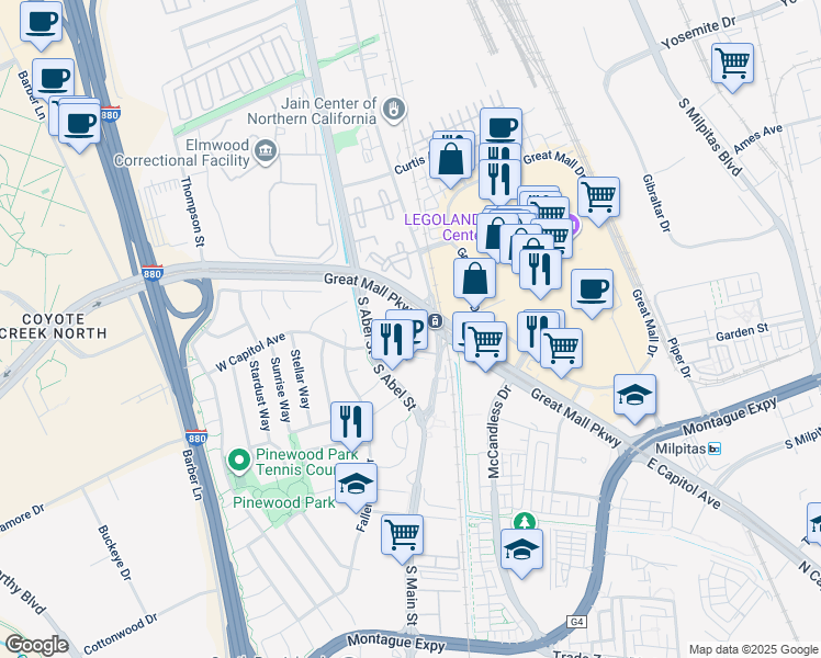 map of restaurants, bars, coffee shops, grocery stores, and more near 1101 South Main Street in Milpitas