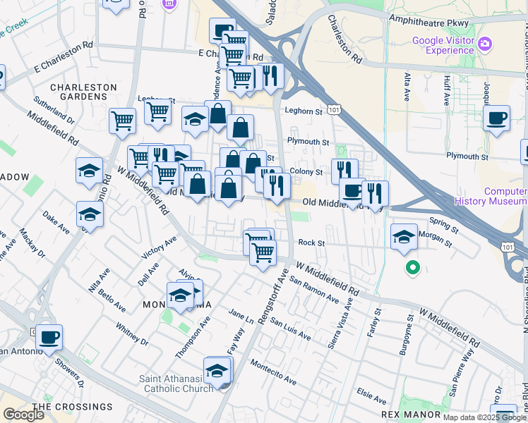 map of restaurants, bars, coffee shops, grocery stores, and more near 2145 Old Middlefield Way in Mountain View