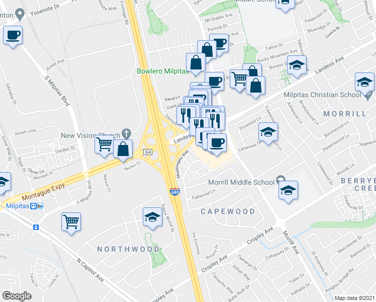 map of restaurants, bars, coffee shops, grocery stores, and more near 2252 Meadowgate Way in San Jose