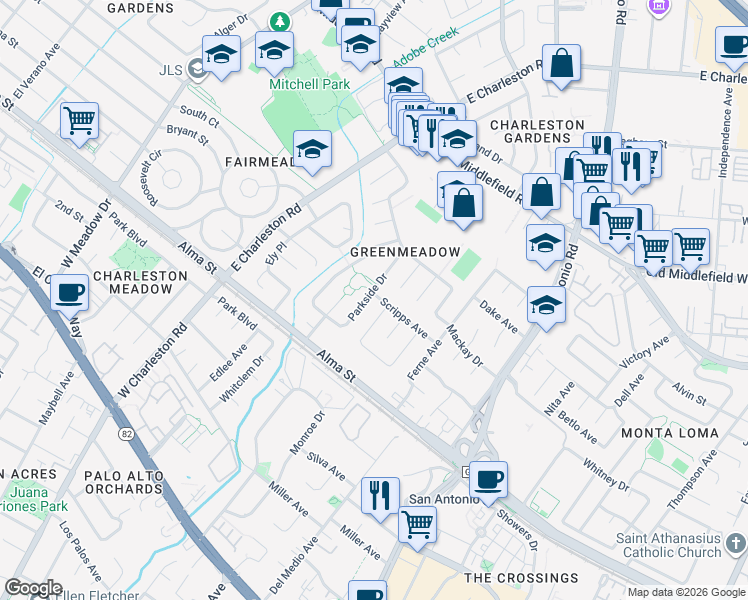 map of restaurants, bars, coffee shops, grocery stores, and more near 318 Parkside Drive in Palo Alto