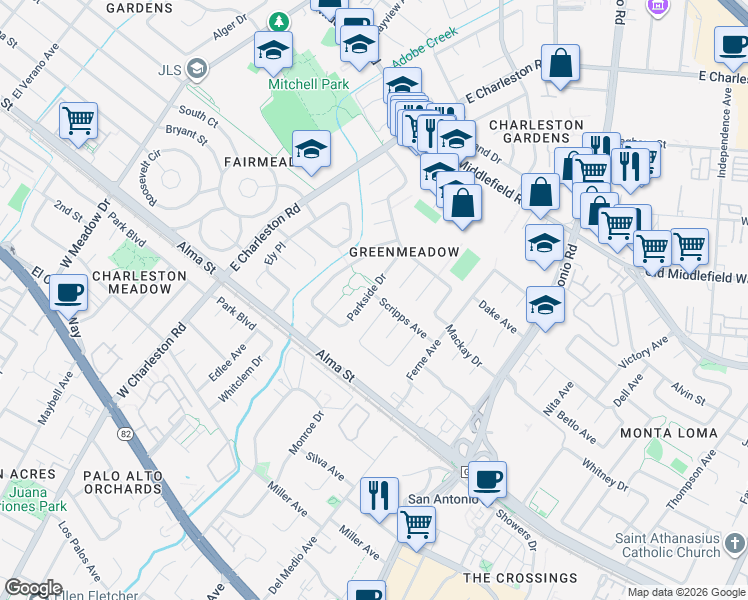 map of restaurants, bars, coffee shops, grocery stores, and more near 318 Parkside Drive in Palo Alto