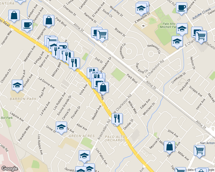 map of restaurants, bars, coffee shops, grocery stores, and more near 420 James Road in Palo Alto