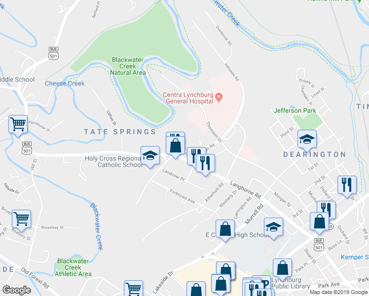 map of restaurants, bars, coffee shops, grocery stores, and more near 1817 Langhorne Square in Lynchburg