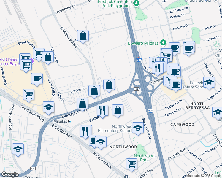 map of restaurants, bars, coffee shops, grocery stores, and more near 995 Montague Expressway in Milpitas