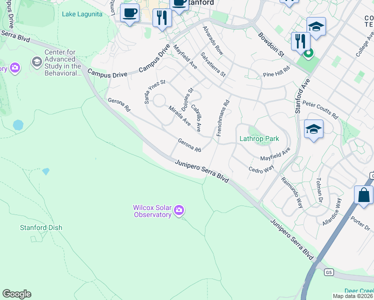 map of restaurants, bars, coffee shops, grocery stores, and more near 610 Gerona Road in Stanford
