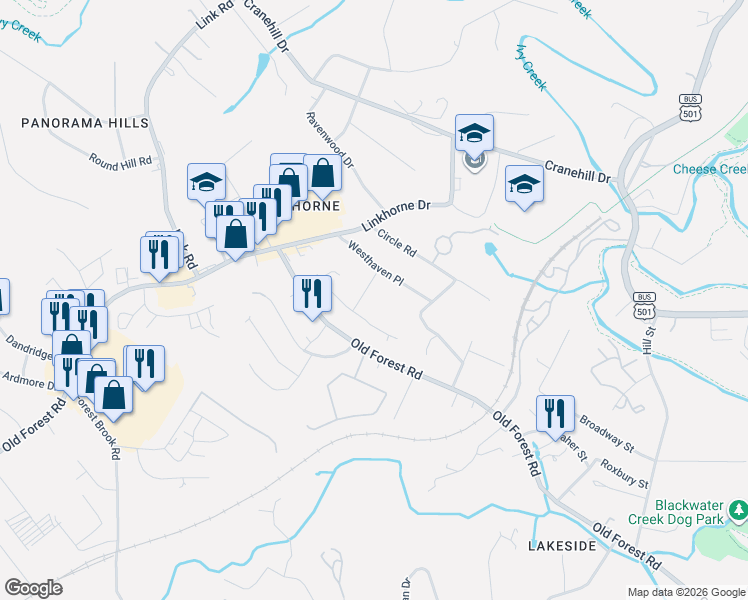 map of restaurants, bars, coffee shops, grocery stores, and more near 3204 Windemere Place in Lynchburg
