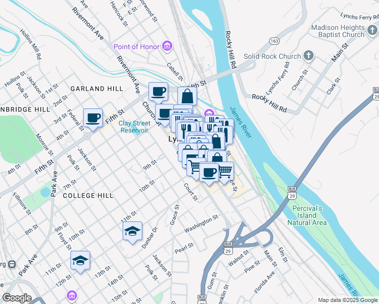map of restaurants, bars, coffee shops, grocery stores, and more near in Lynchburg