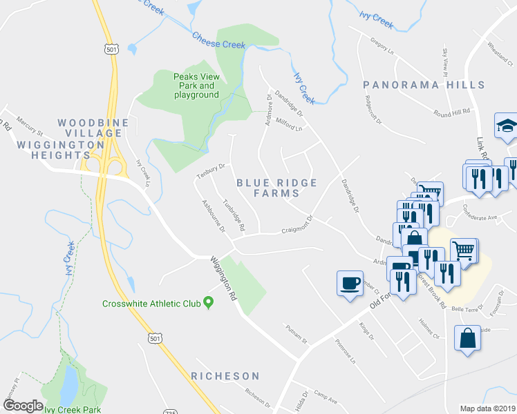 map of restaurants, bars, coffee shops, grocery stores, and more near 1408 Ramsgate Lane in Lynchburg