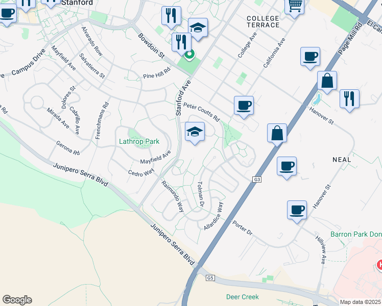 map of restaurants, bars, coffee shops, grocery stores, and more near 1711 Stanford Avenue in Stanford
