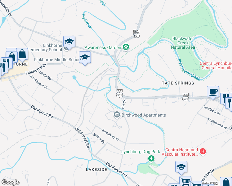 map of restaurants, bars, coffee shops, grocery stores, and more near 2803 Kulman Place in Lynchburg