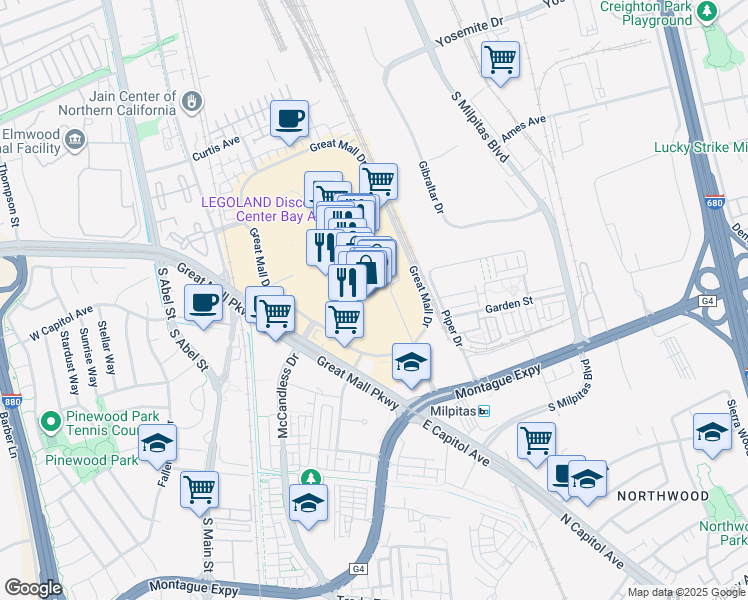 map of restaurants, bars, coffee shops, grocery stores, and more near 477 Great Mall Drive in Milpitas