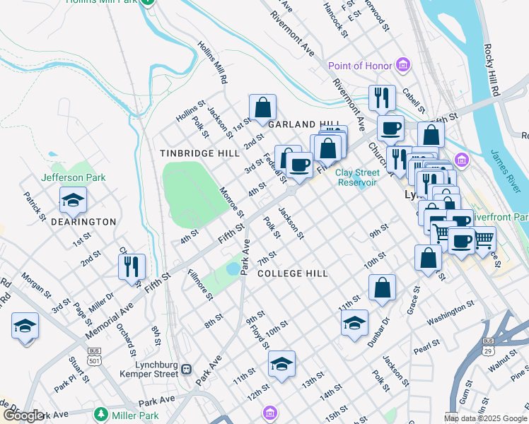 map of restaurants, bars, coffee shops, grocery stores, and more near 510 Polk Street in Lynchburg