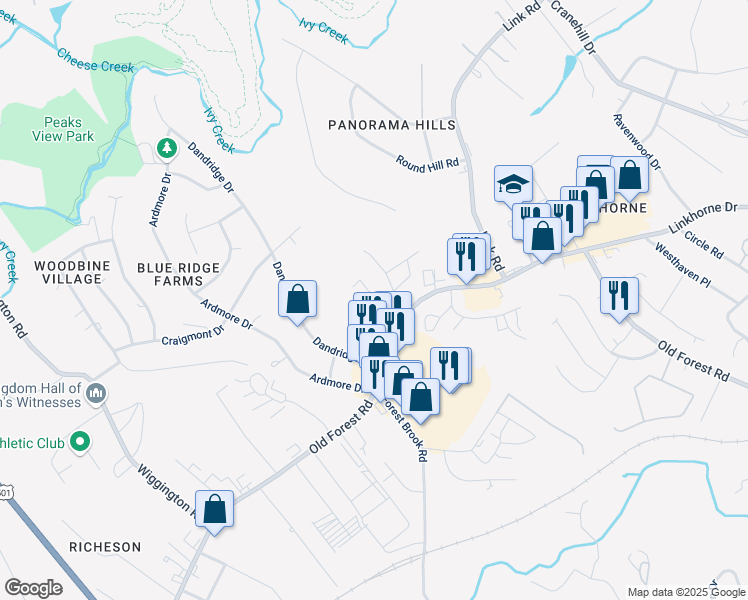 map of restaurants, bars, coffee shops, grocery stores, and more near 431 West Cadbury Drive in Lynchburg