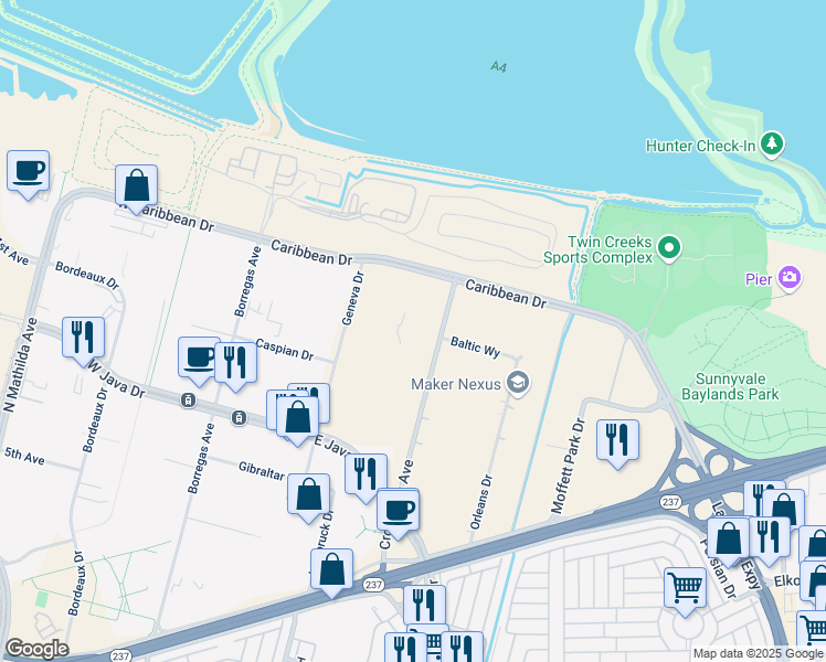 map of restaurants, bars, coffee shops, grocery stores, and more near 1375 Crossman Avenue in Sunnyvale